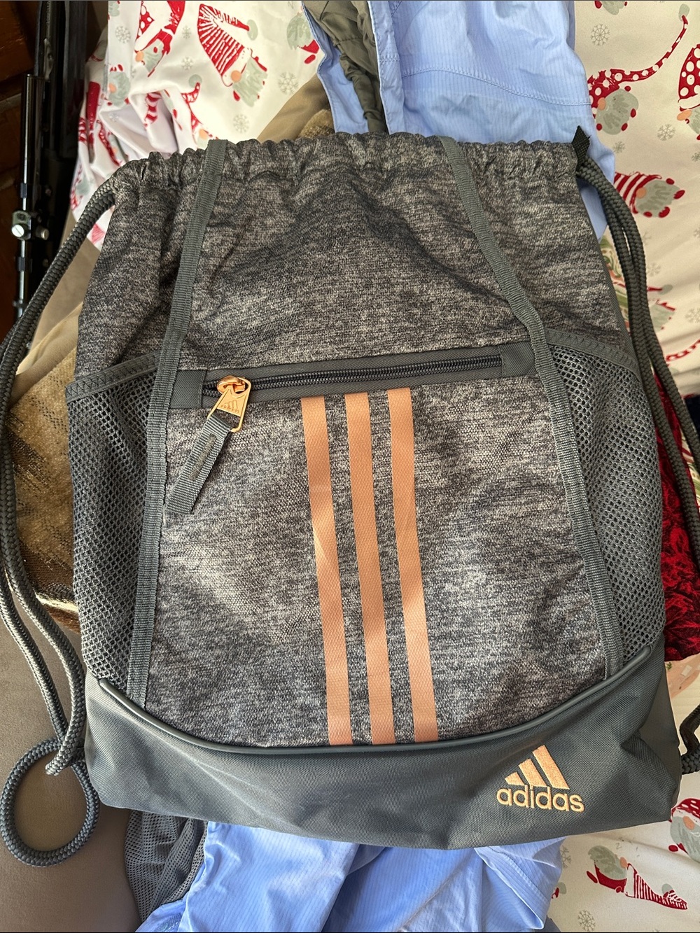 adidas Gray and Copper Drawstring Backpack with Front Zip